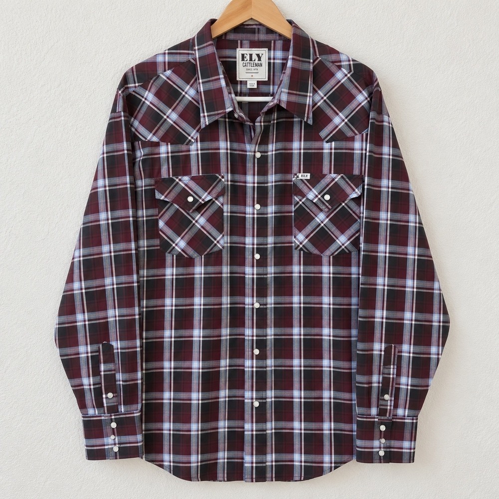 Ely Cattleman Mens XXL Western Pearl Snap Plaid Shirt Burgundy Blue Long Sleeve